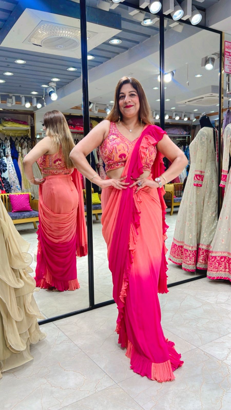 Designer Ruffle Saree Gown in Coral and Pink Color