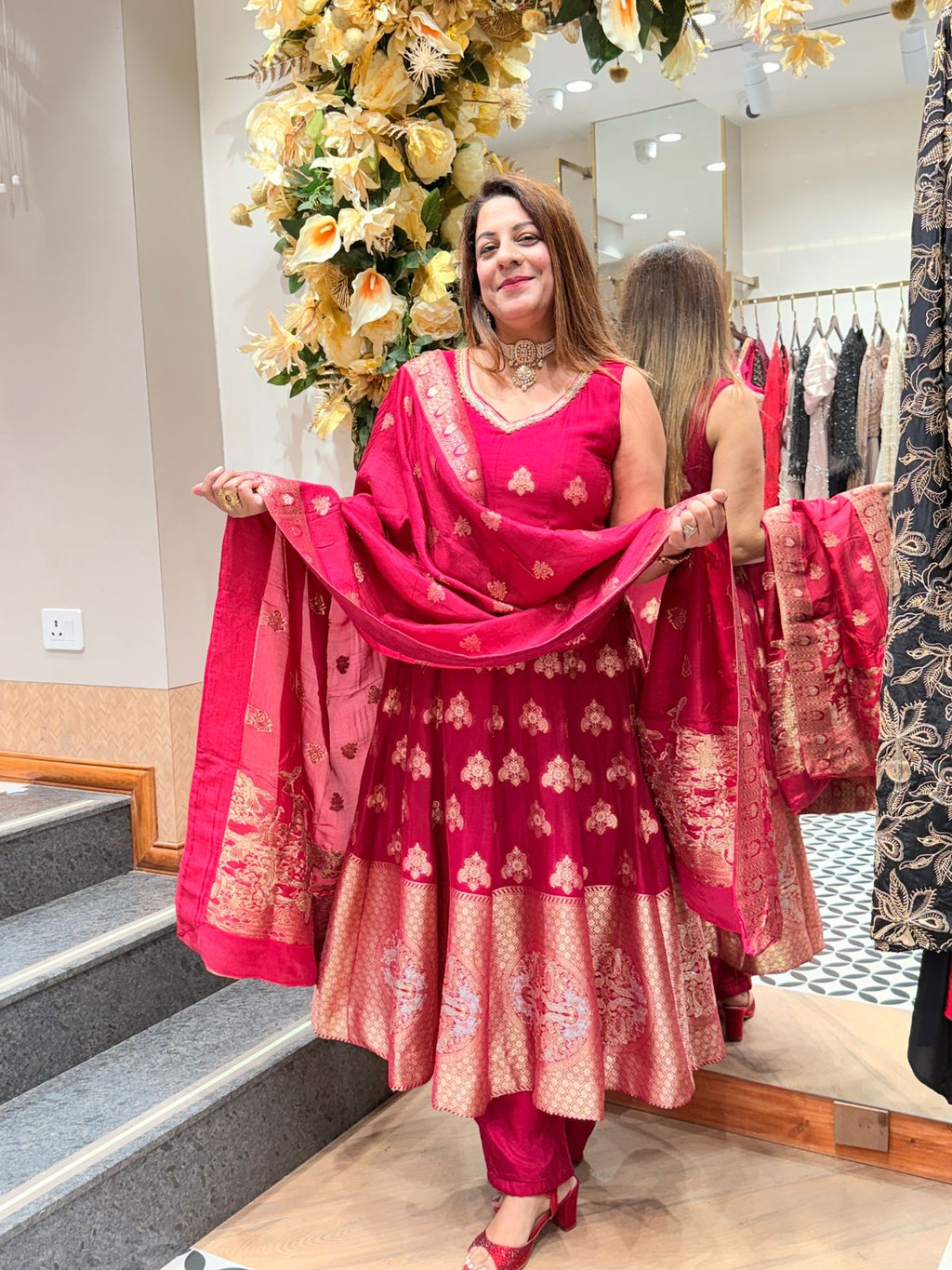 Buy Women’s Readymade Organza Suit Set with Banarasi Dupatta