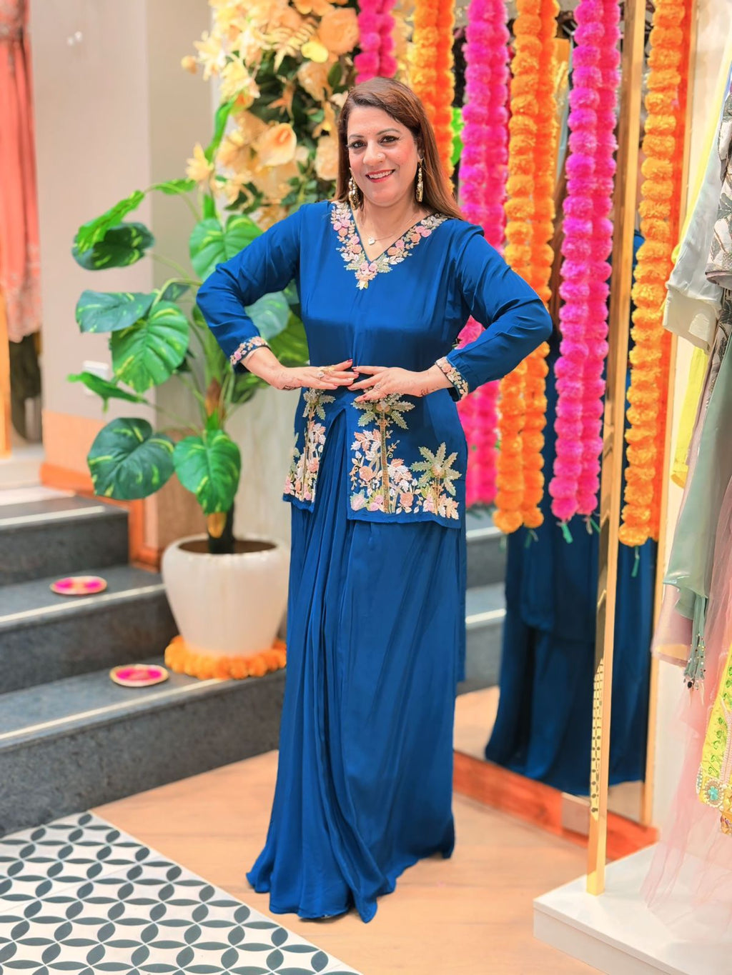 Buy Navy Blue Threadwork Satin Readymade Salwar Suit