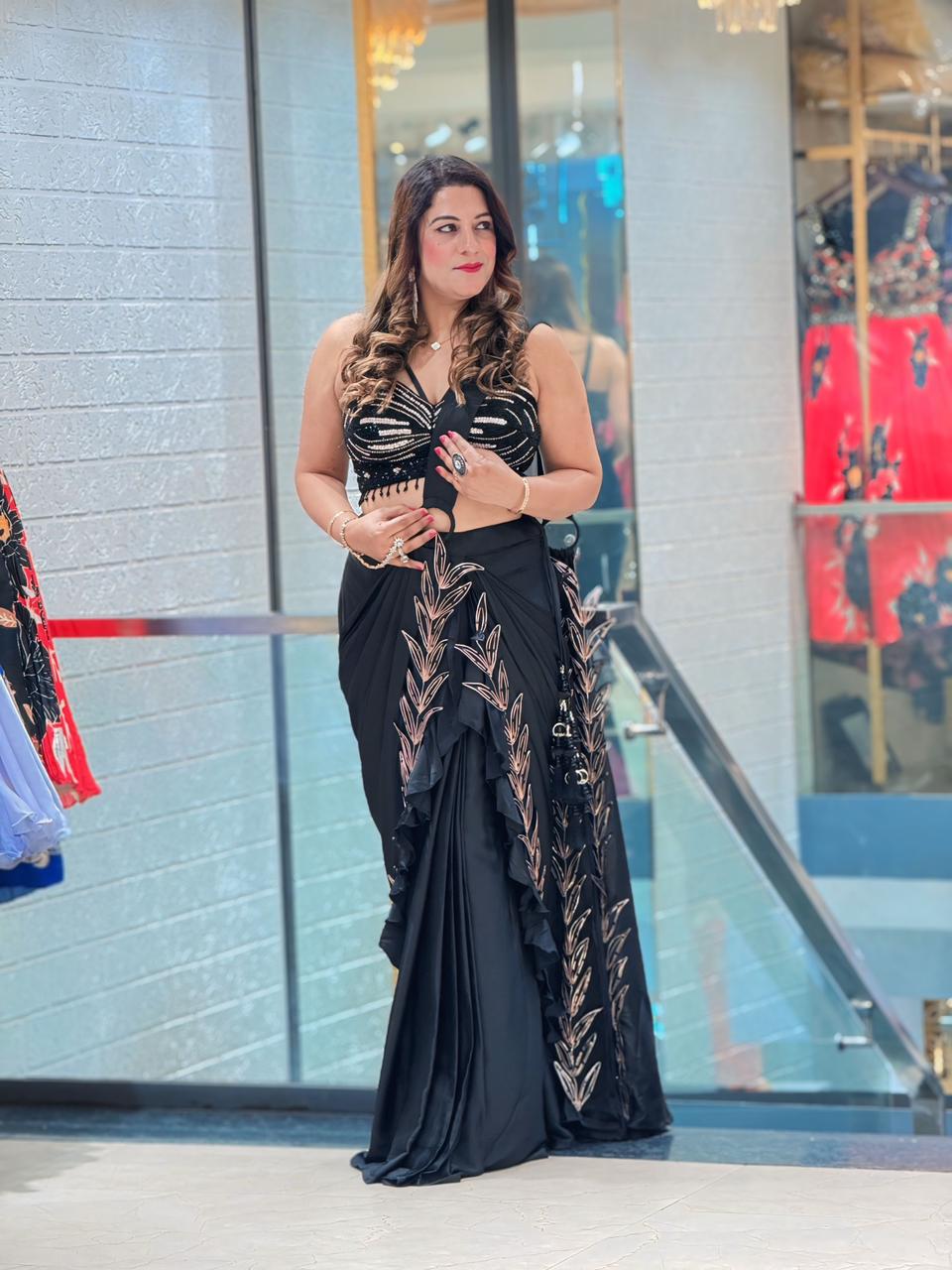 Designer Black Satin Crepe Saree