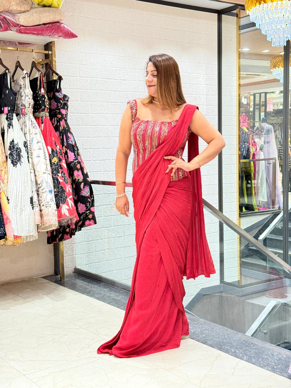 Buy Stylish Red Saree with a Modern Drape
