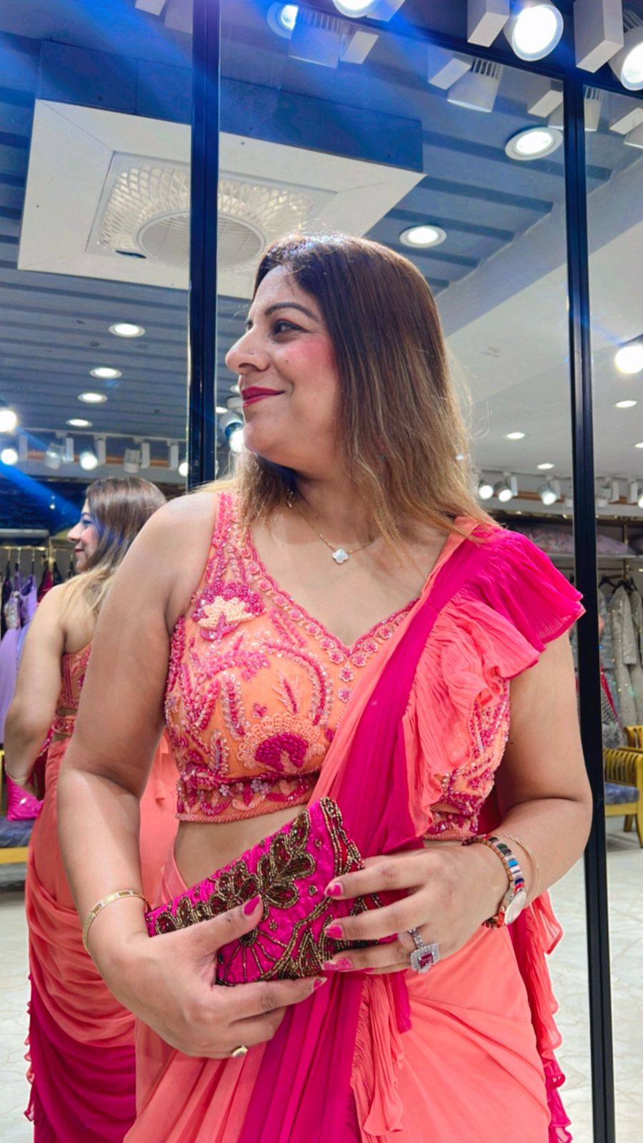 Designer Ruffle Saree Gown in Coral and Pink Color