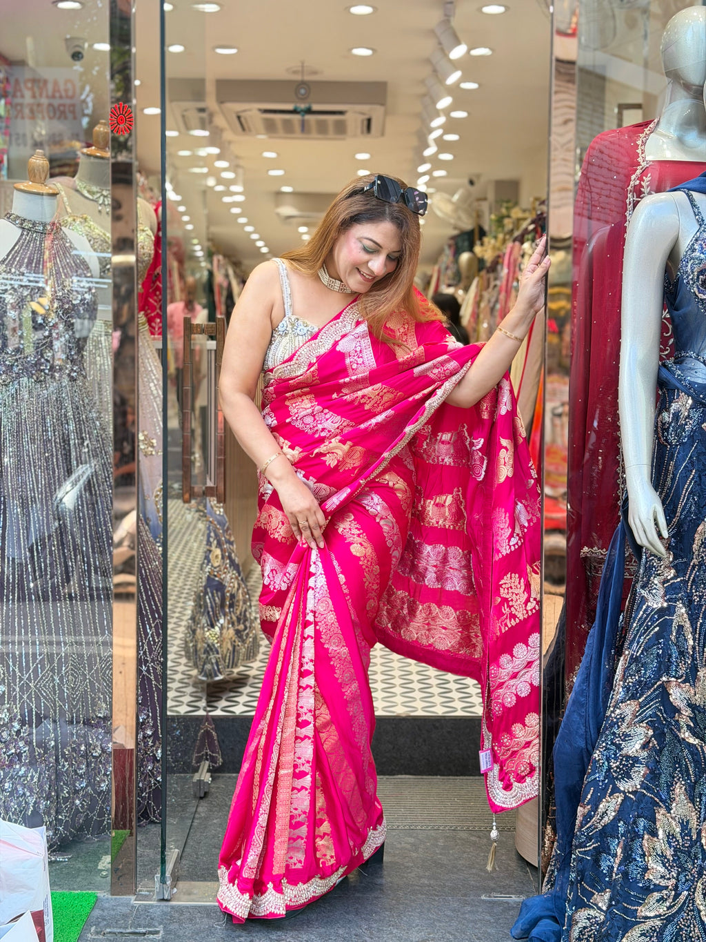 Rani Pink Silk Saree with Embellished Border & Modern Blouse