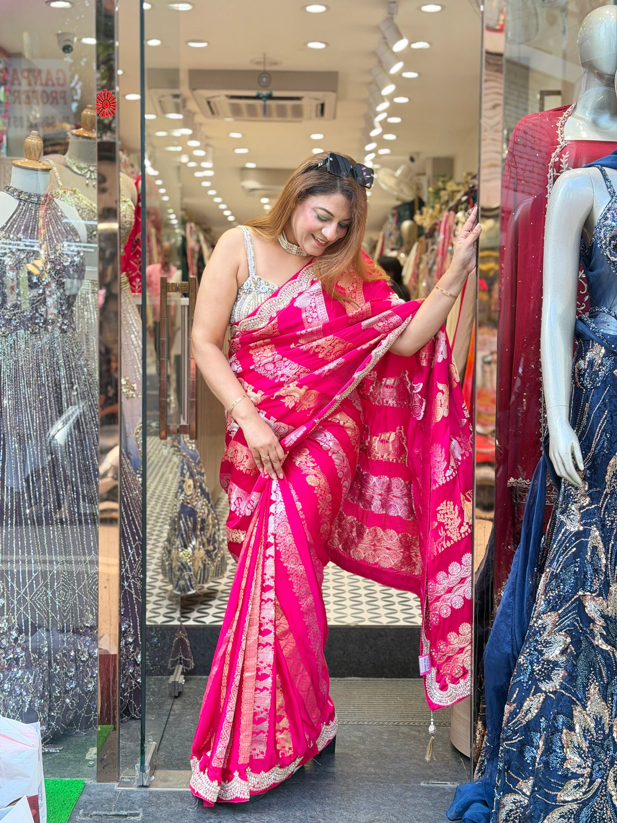 Rani Pink Silk Saree with Embellished Border & Modern Blouse