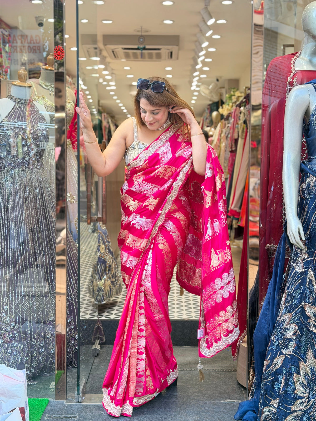 Rani Pink Silk Saree with Embellished Border & Modern Blouse