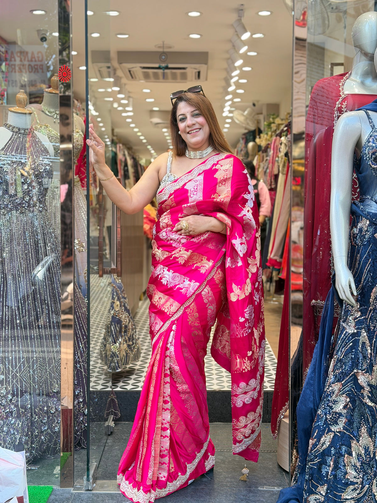 Rani Pink Silk Saree with Embellished Border & Modern Blouse