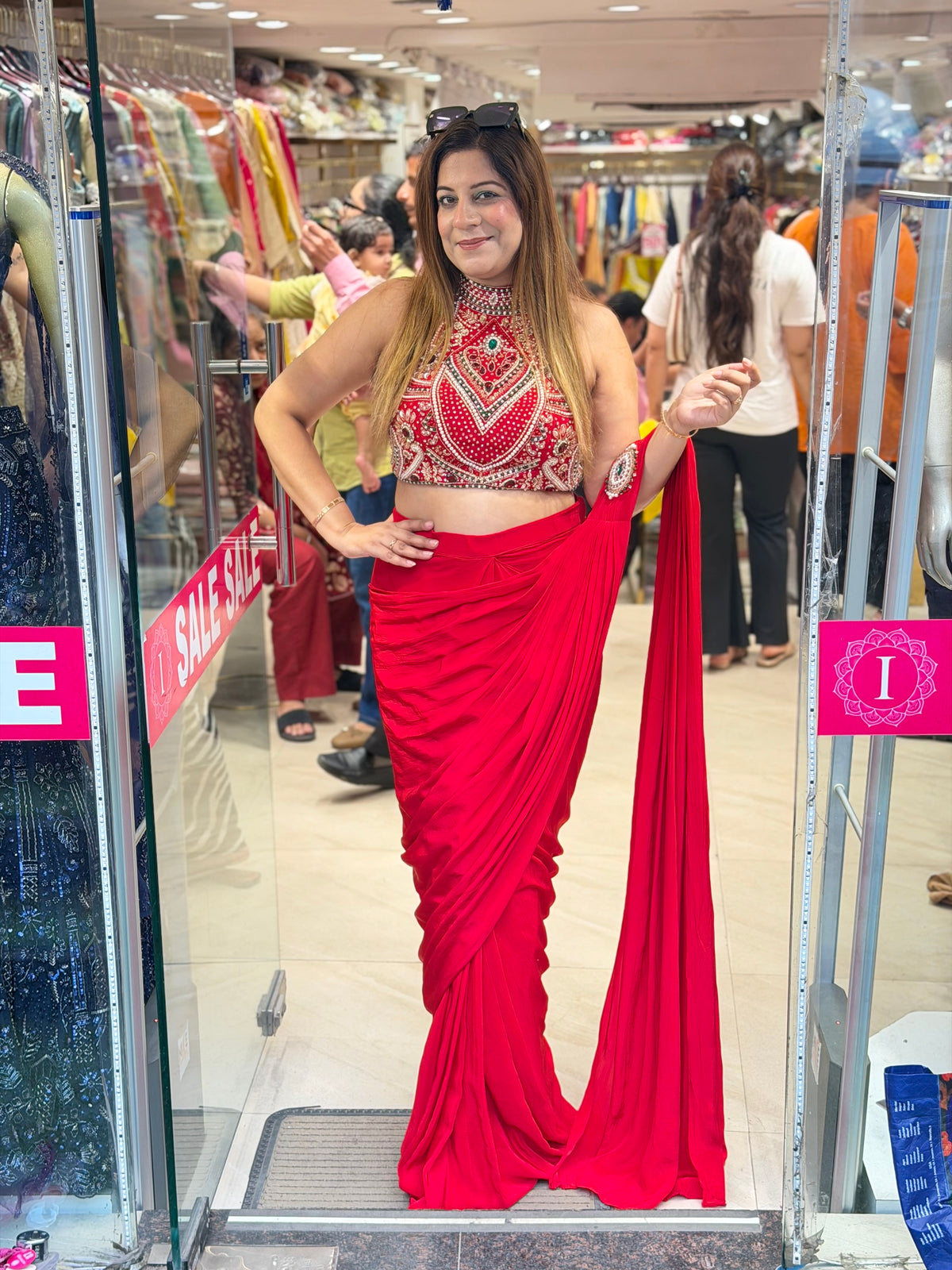 Crimson Red Pre-Draped Saree Set with Halter Blouse | Increase Fashion