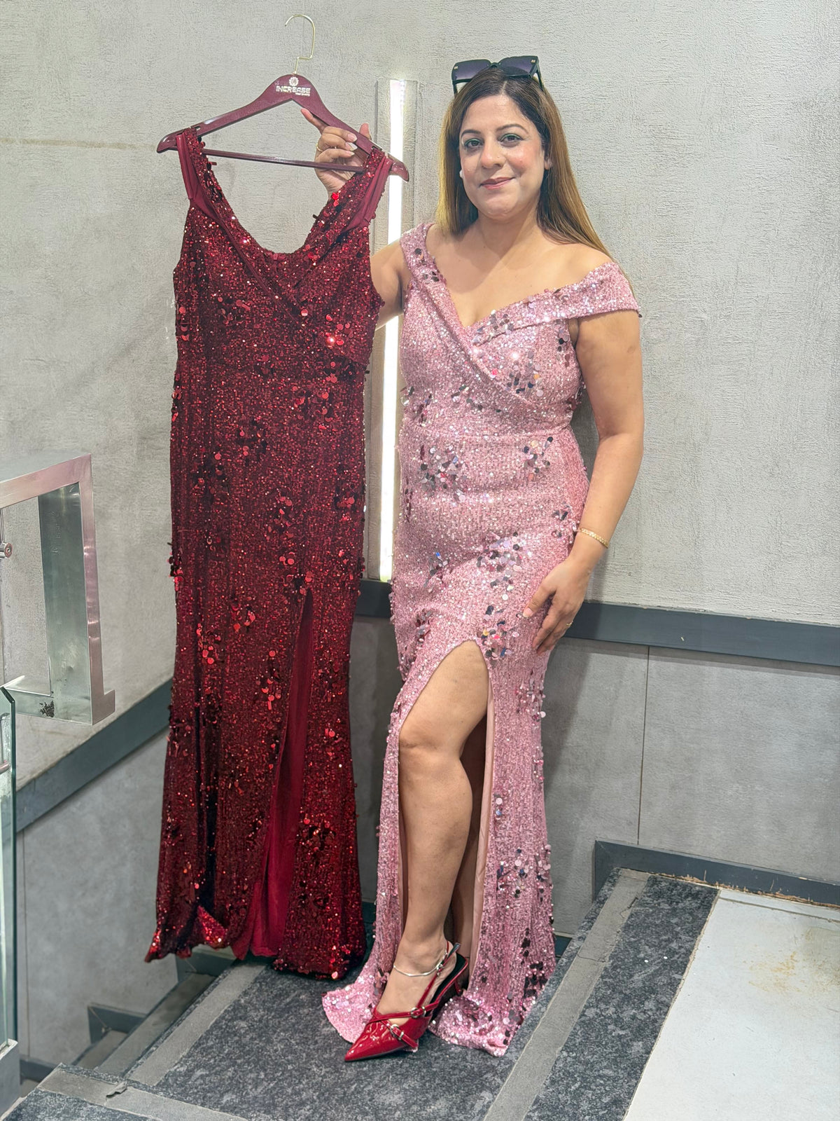 Blush Pink Sequined Off-Shoulder Slit Gown | Increase Fashion
