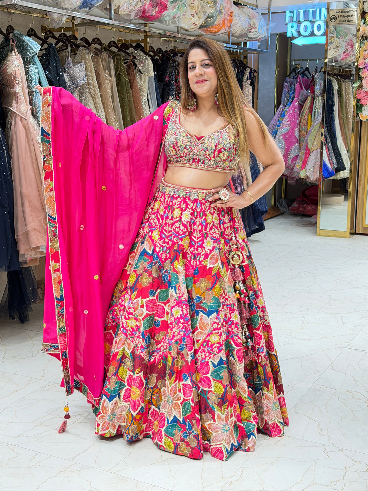 Rani Pink Multi-Color Floral Embroidered Lehenga Set