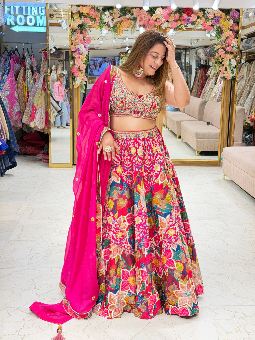 Rani Pink Multi-Color Floral Embroidered Lehenga Set