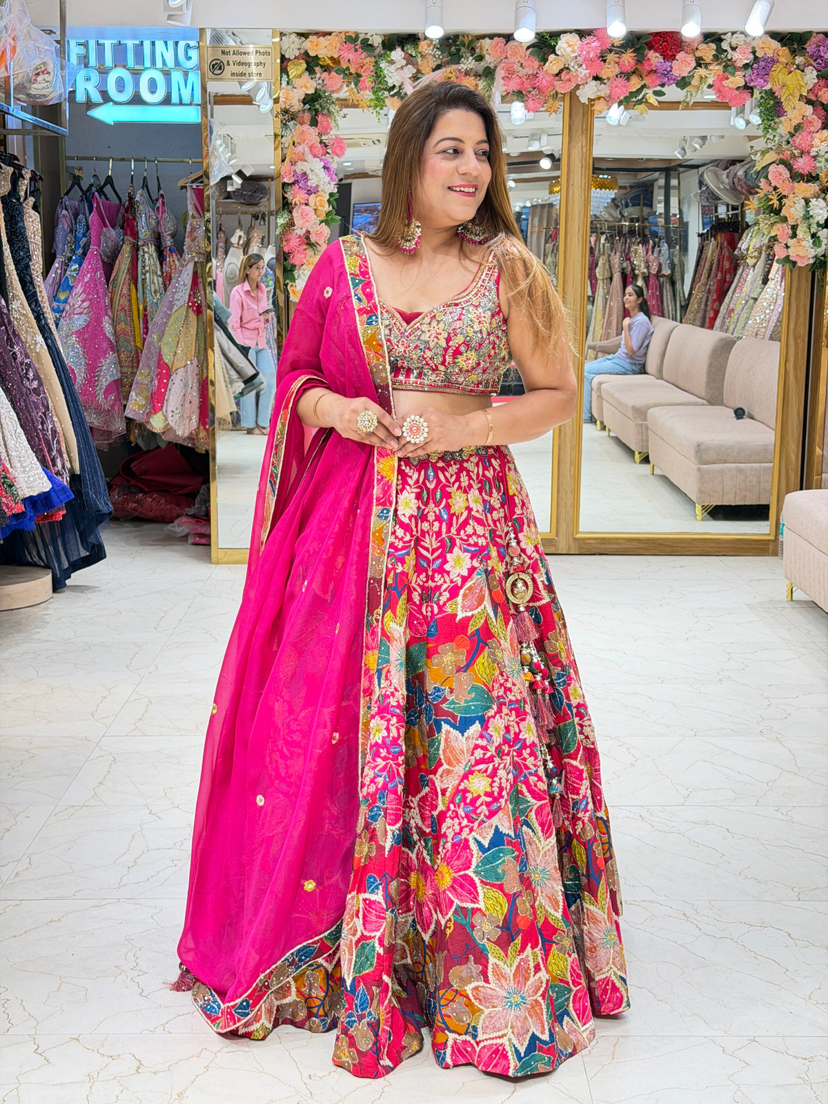 Rani Pink Multi-Color Floral Embroidered Lehenga Set