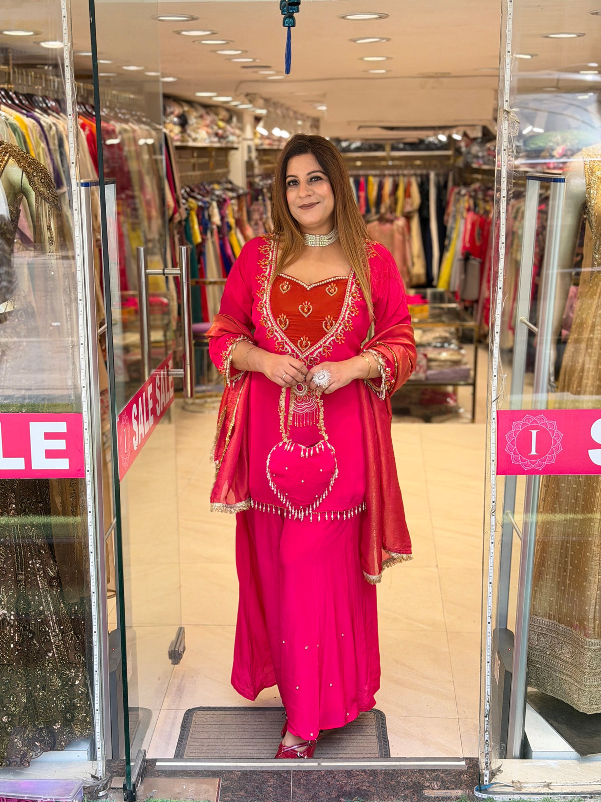 Rani Pink & Rust Orange Embroidered Suit Set with Heart Potli