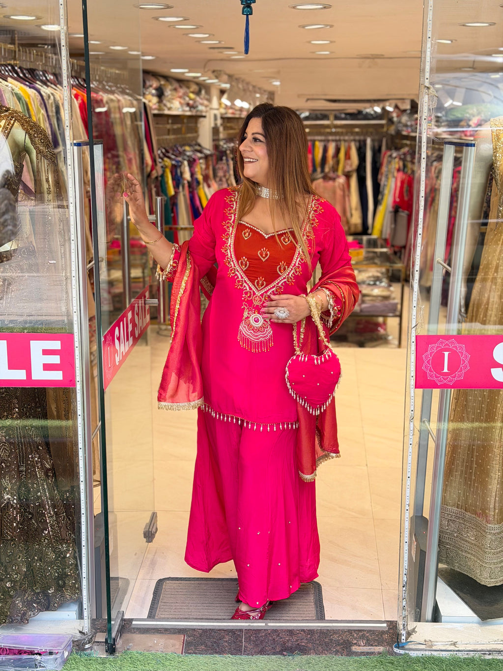 Rani Pink & Rust Orange Embroidered Suit Set with Heart Potli