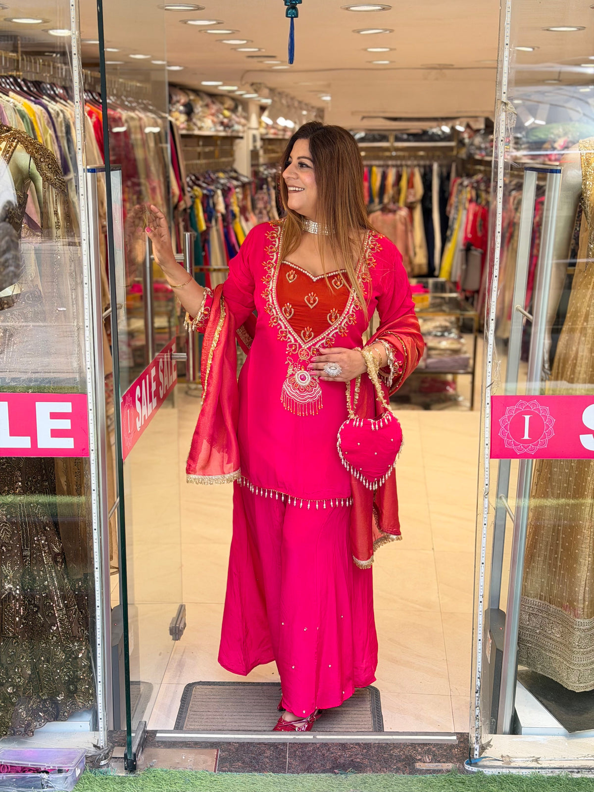 Rani Pink & Rust Orange Embroidered Suit Set with Heart Potli