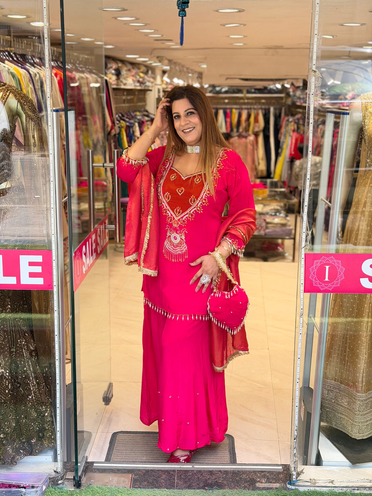 Rani Pink & Rust Orange Embroidered Suit Set with Heart Potli