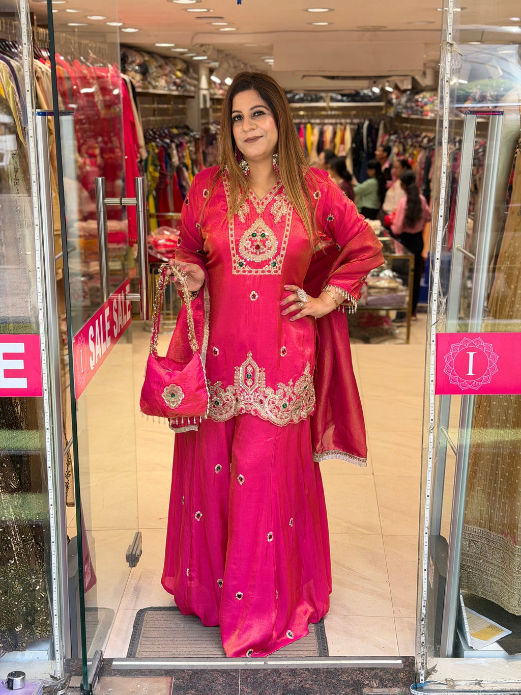 Hot Pink Silk Sharara Set with Stone Work & Matching Bag | Increase Fashion