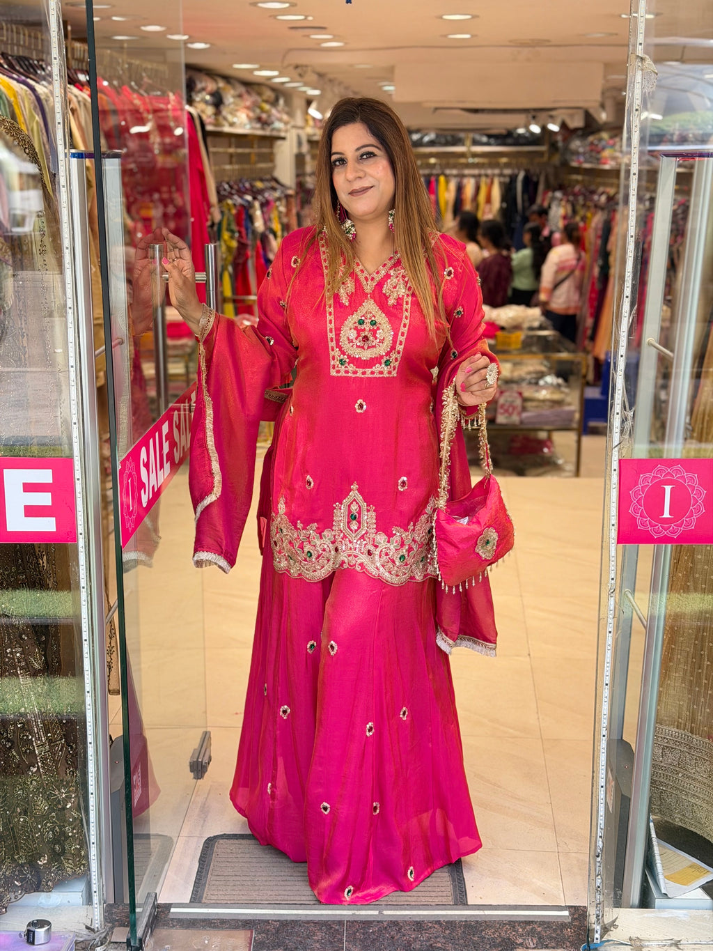 Hot Pink Silk Sharara Set with Stone Work & Matching Bag | Increase Fashion