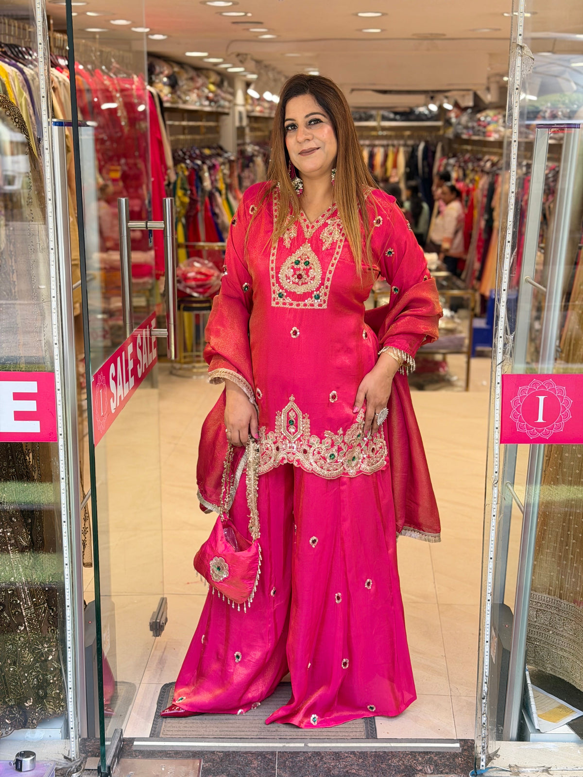 Hot Pink Silk Sharara Set with Stone Work & Matching Bag | Increase Fashion