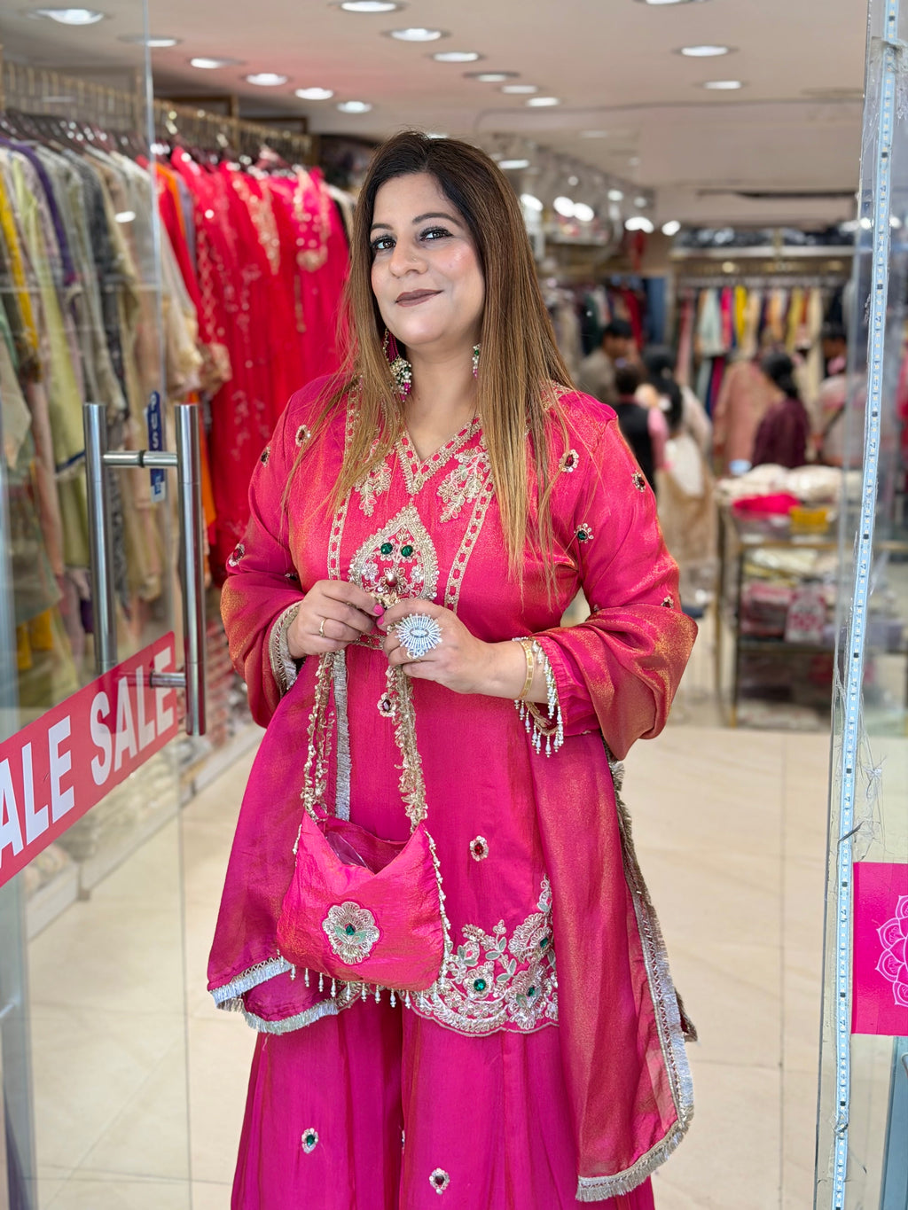 Hot Pink Silk Sharara Set with Stone Work & Matching Bag | Increase Fashion