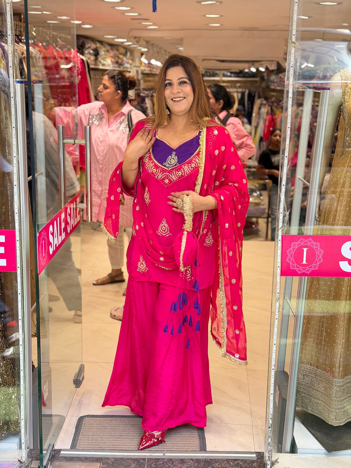 Rani Pink Georgette Suit Set with Contrast Purple Yoke & Matching Potli