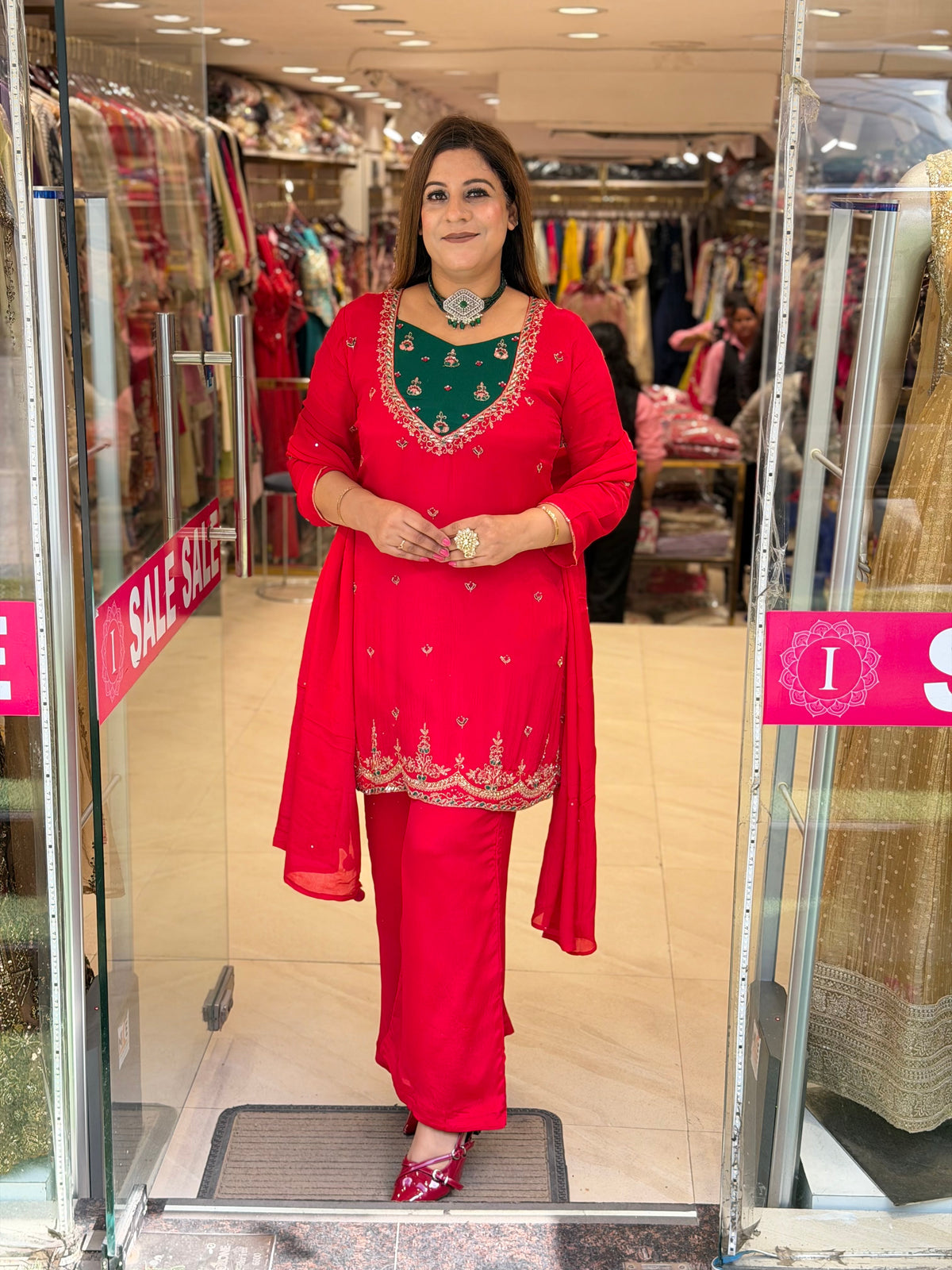 Crimson Red & Emerald Green Embroidered Short Kurti Set with Straight Pants