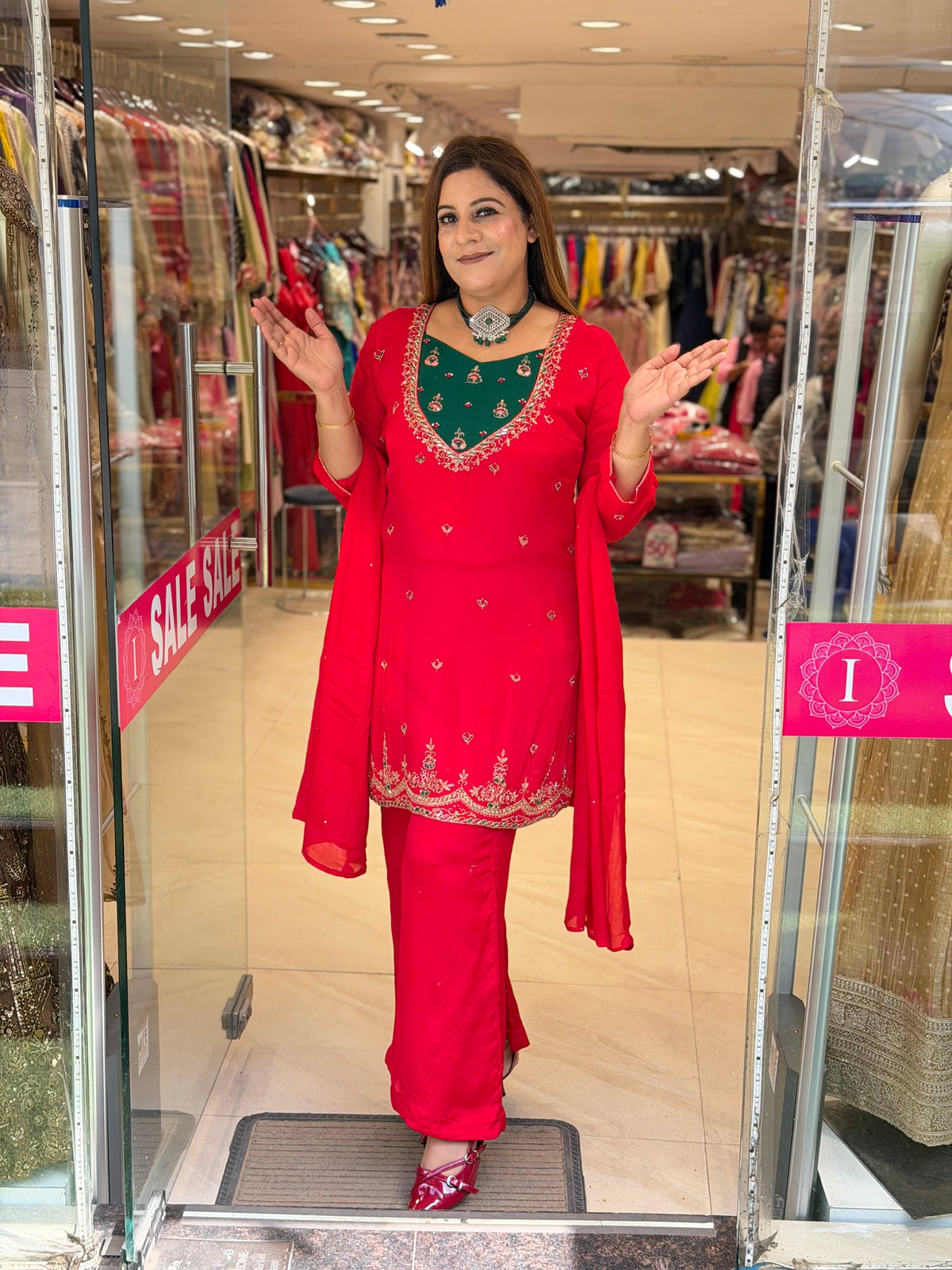 Crimson Red & Emerald Green Embroidered Short Kurti Set with Straight Pants
