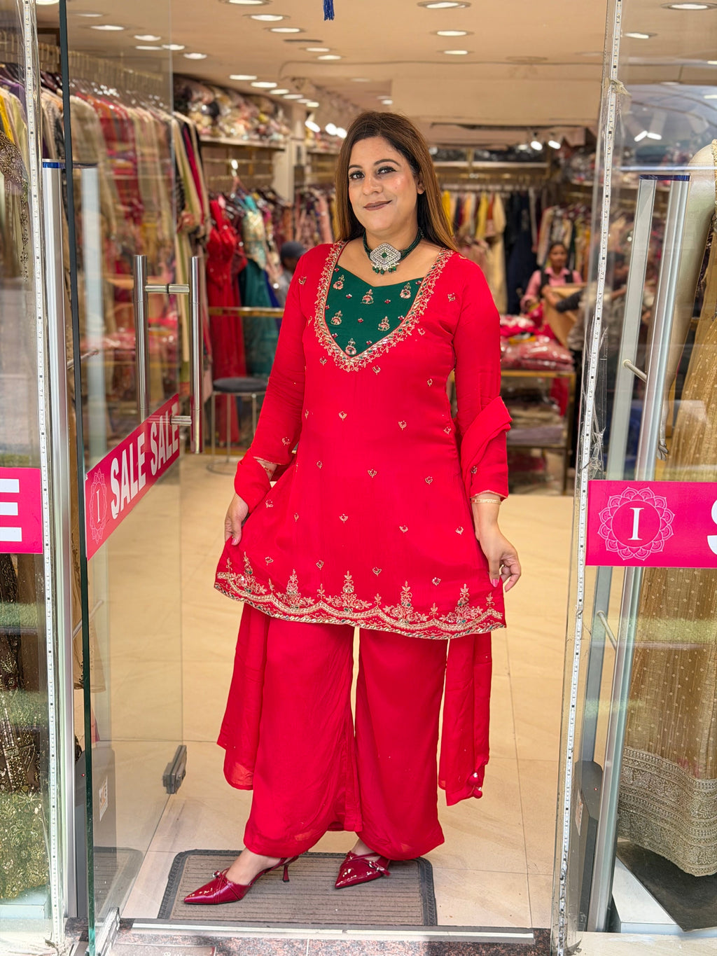 Crimson Red & Emerald Green Embroidered Short Kurti Set with Straight Pants