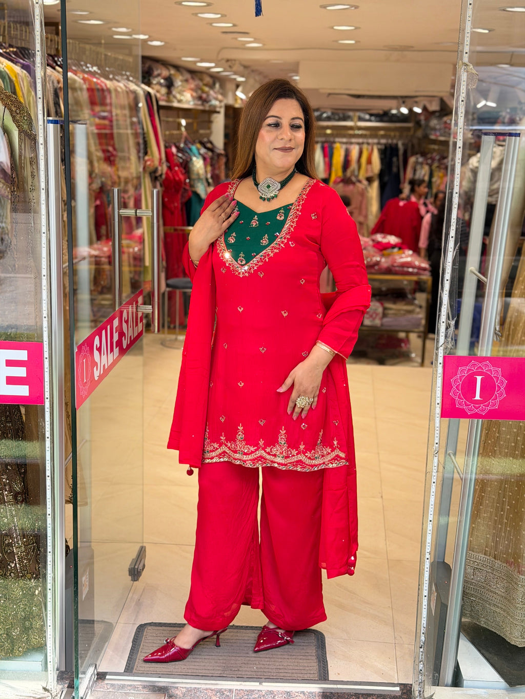 Crimson Red & Emerald Green Embroidered Short Kurti Set with Straight Pants