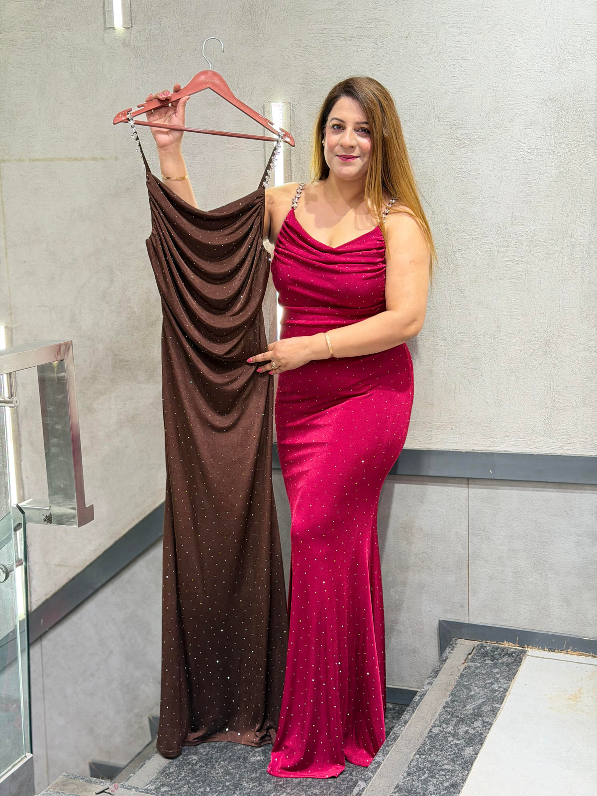 Rhinestone-Strapped Shimmer Cowl Maxi Dress | Increase Fashion