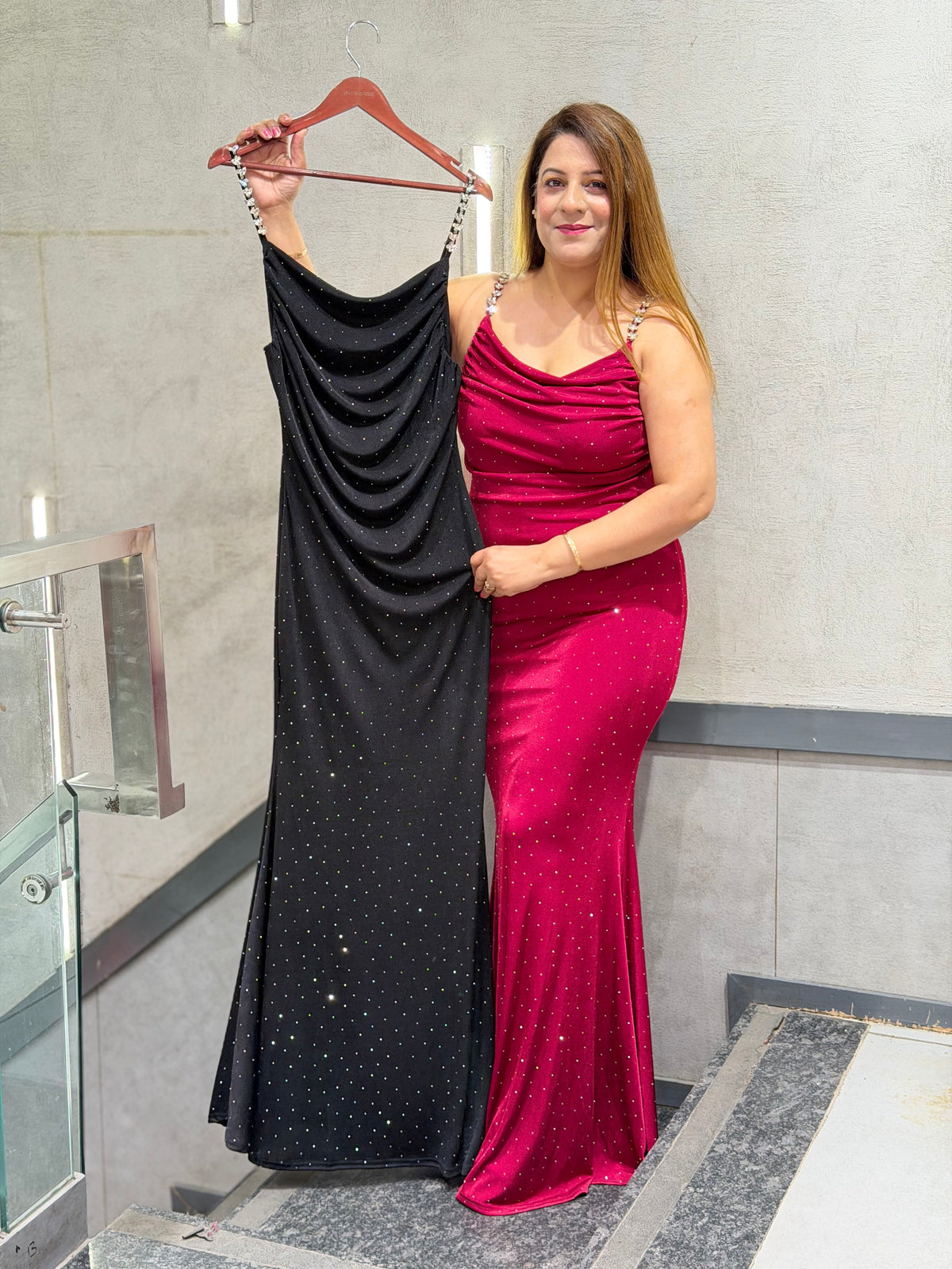 Rhinestone-Strapped Shimmer Cowl Maxi Dress | Increase Fashion