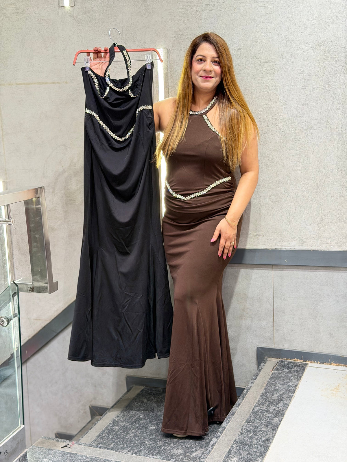 Crystal-Embellished Halter Neck Maxi Gown | Increase Fashion