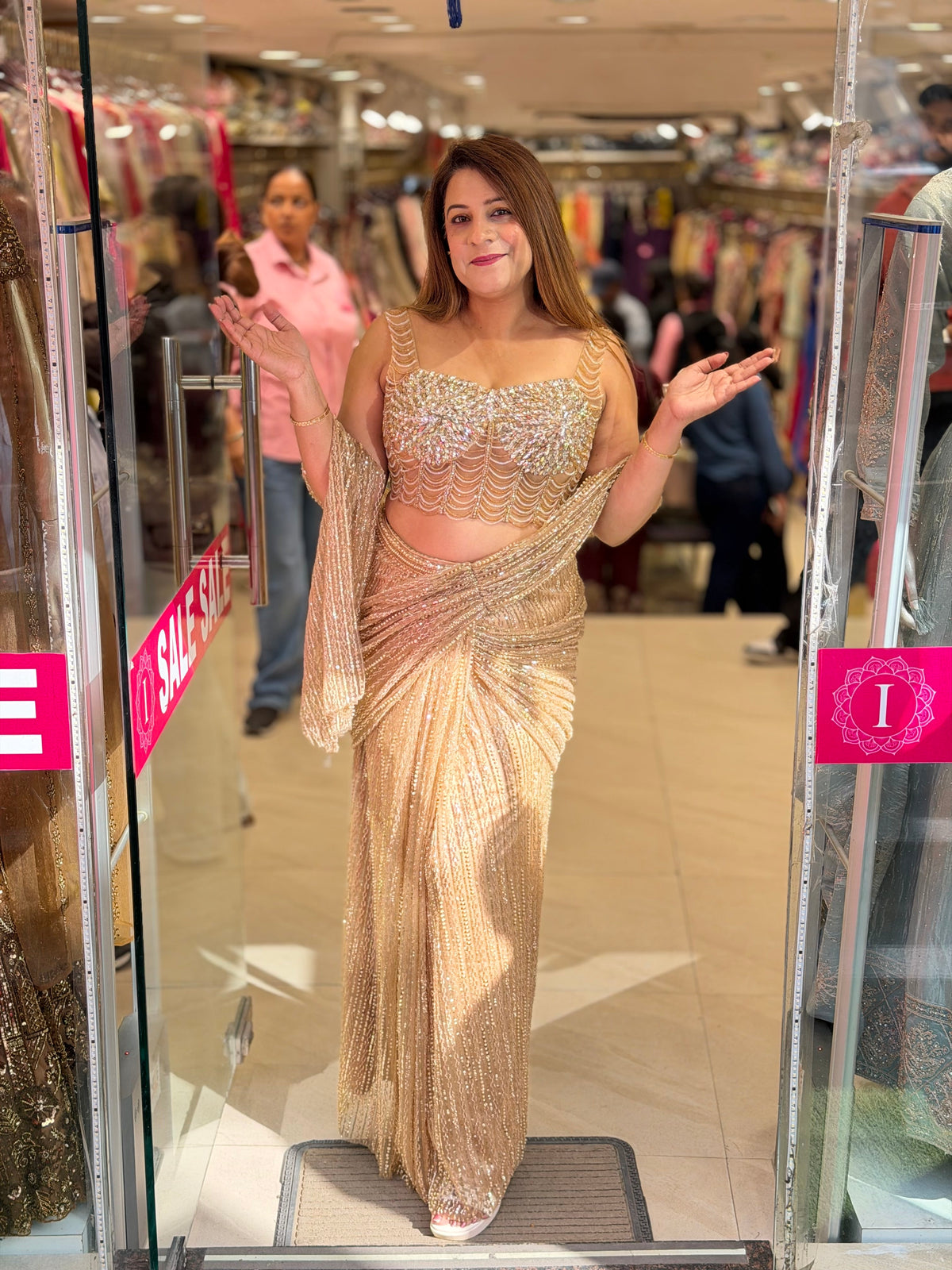 Champagne Gold Heavy Sequin Pre-Draped Saree Set | Increase Fashion