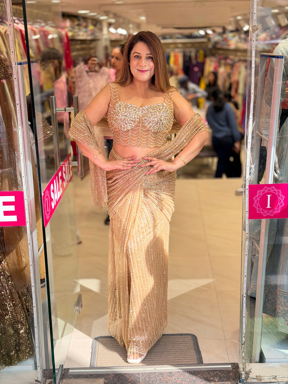 Champagne Gold Heavy Sequin Pre-Draped Saree Set | Increase Fashion