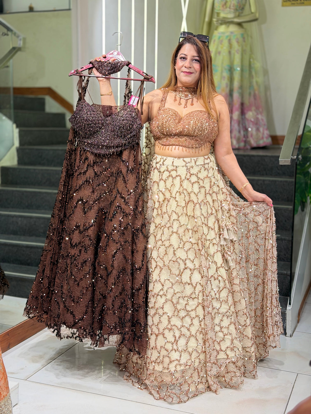 Sequined Trellis Lehenga Set with Fringe Bustier | Increase Fashion
