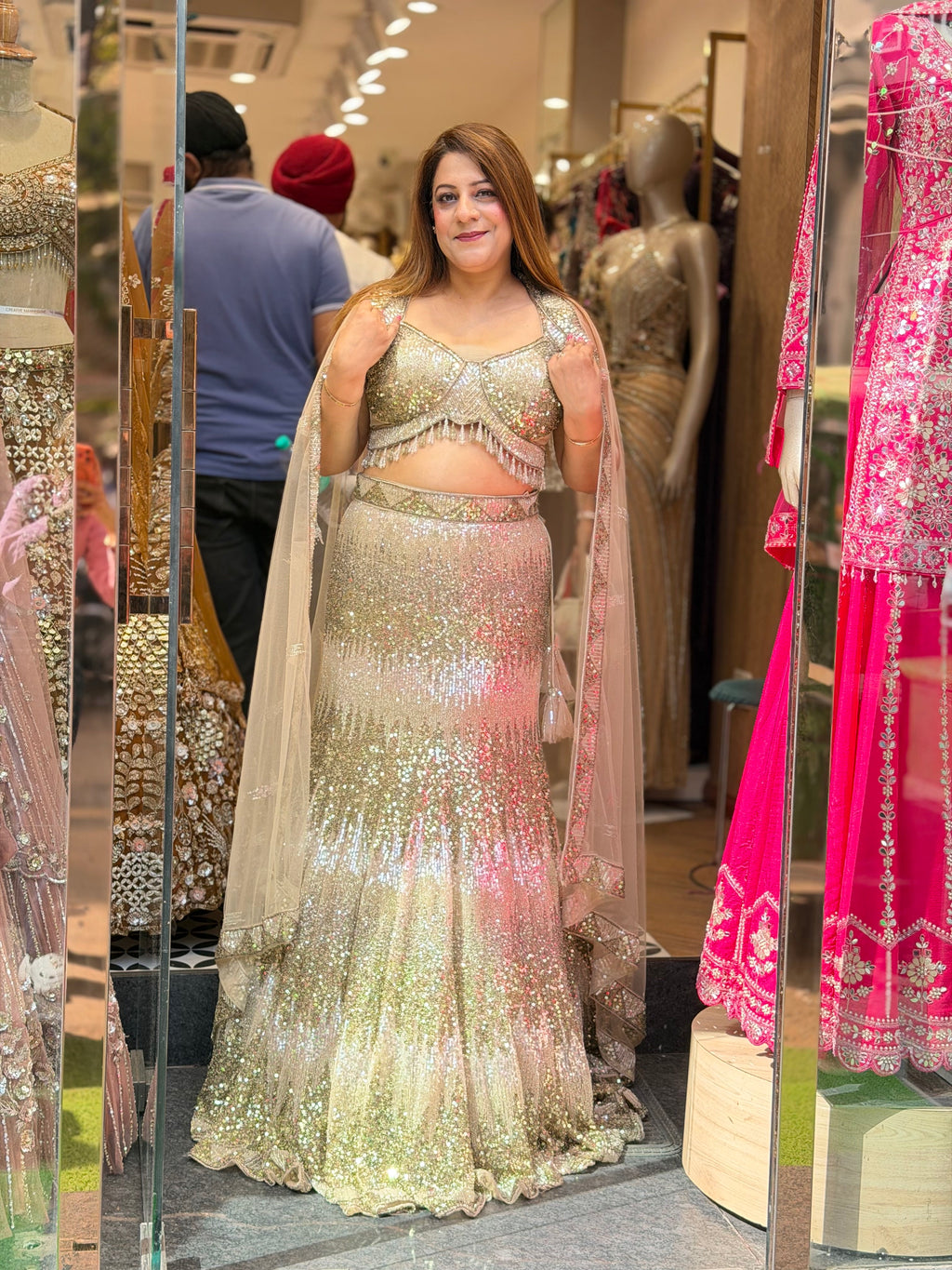 Heavy Sequin & Fringe Bustier Lehenga Set with Dupatta – Gold & Blush Pink