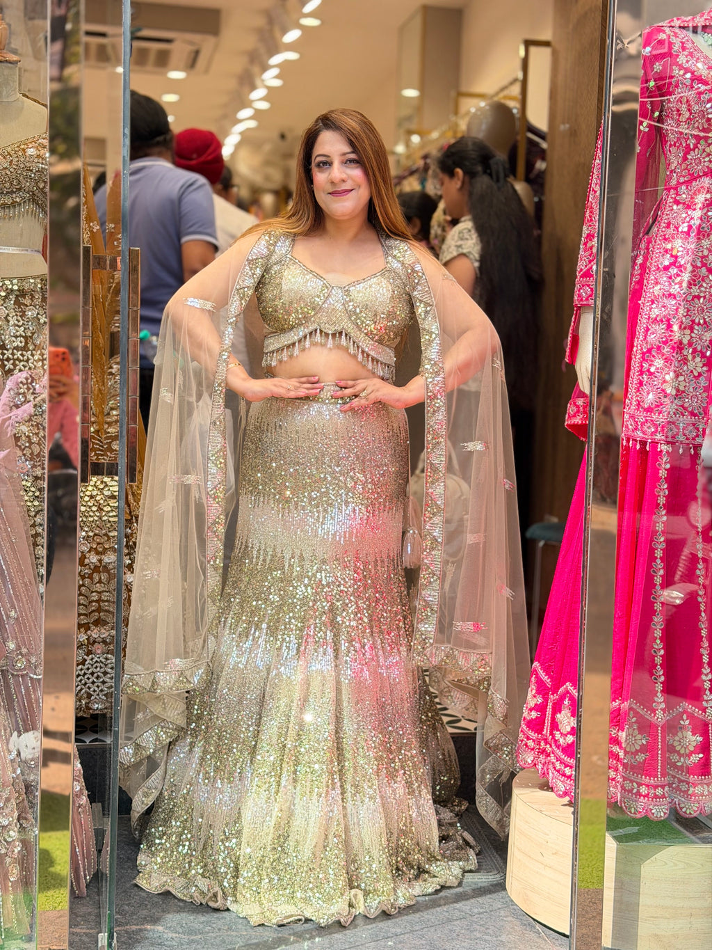 Heavy Sequin & Fringe Bustier Lehenga Set with Dupatta – Gold & Blush Pink