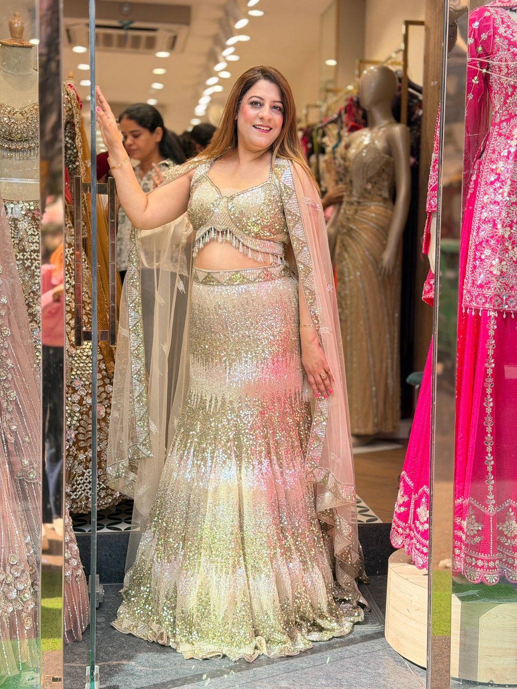 Heavy Sequin & Fringe Bustier Lehenga Set with Dupatta – Gold & Blush Pink