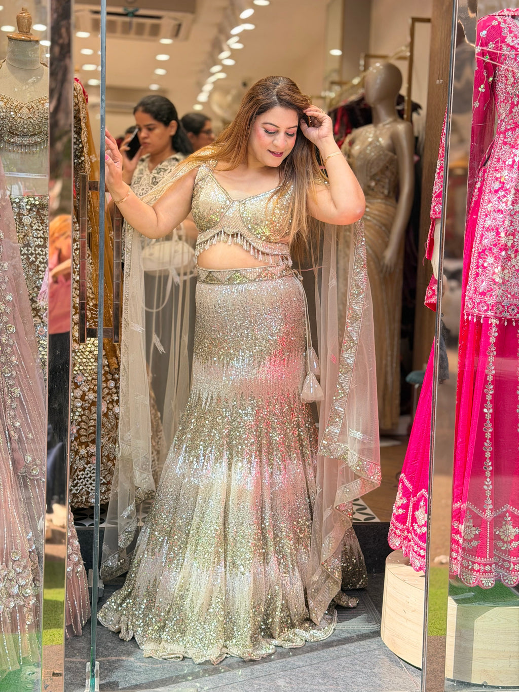 Heavy Sequin & Fringe Bustier Lehenga Set with Dupatta – Gold & Blush Pink