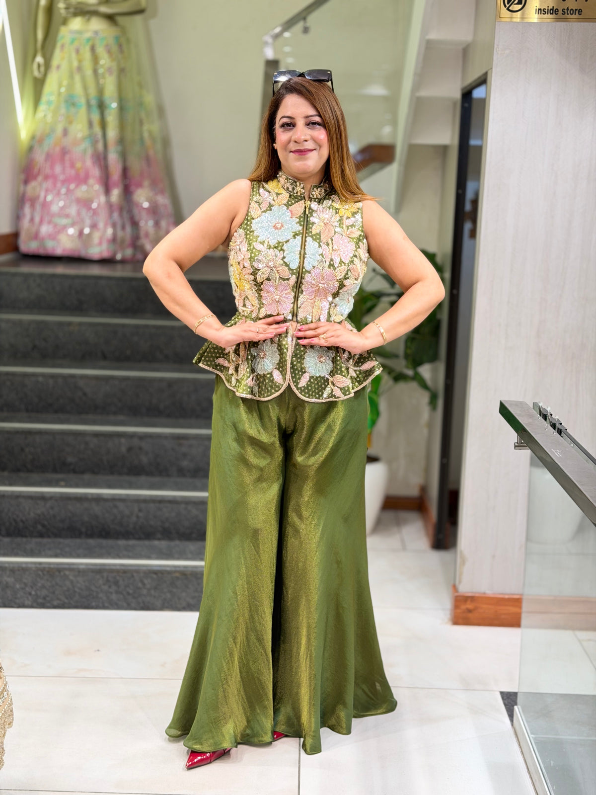 Floral Embroidered Peplum Top & Tissue Silk Sharara Set | Increase Fashion