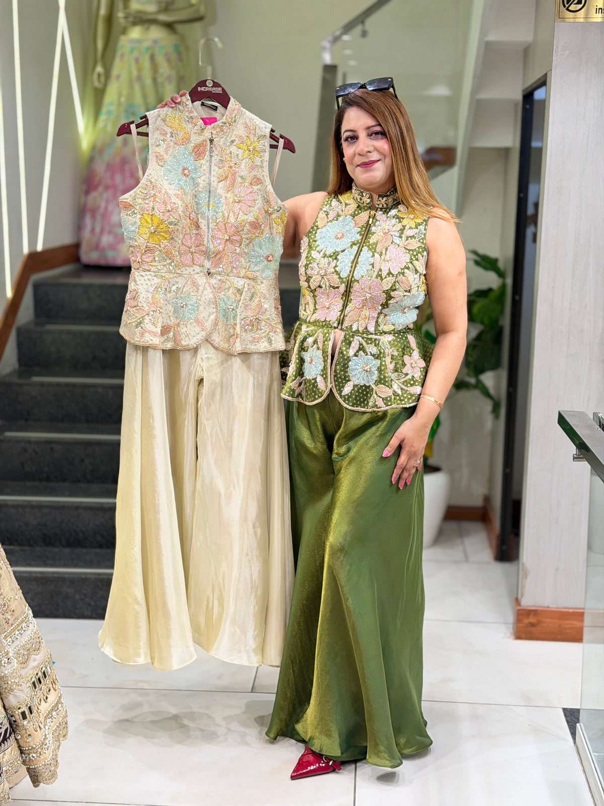 Floral Embroidered Peplum Top & Tissue Silk Sharara Set | Increase Fashion