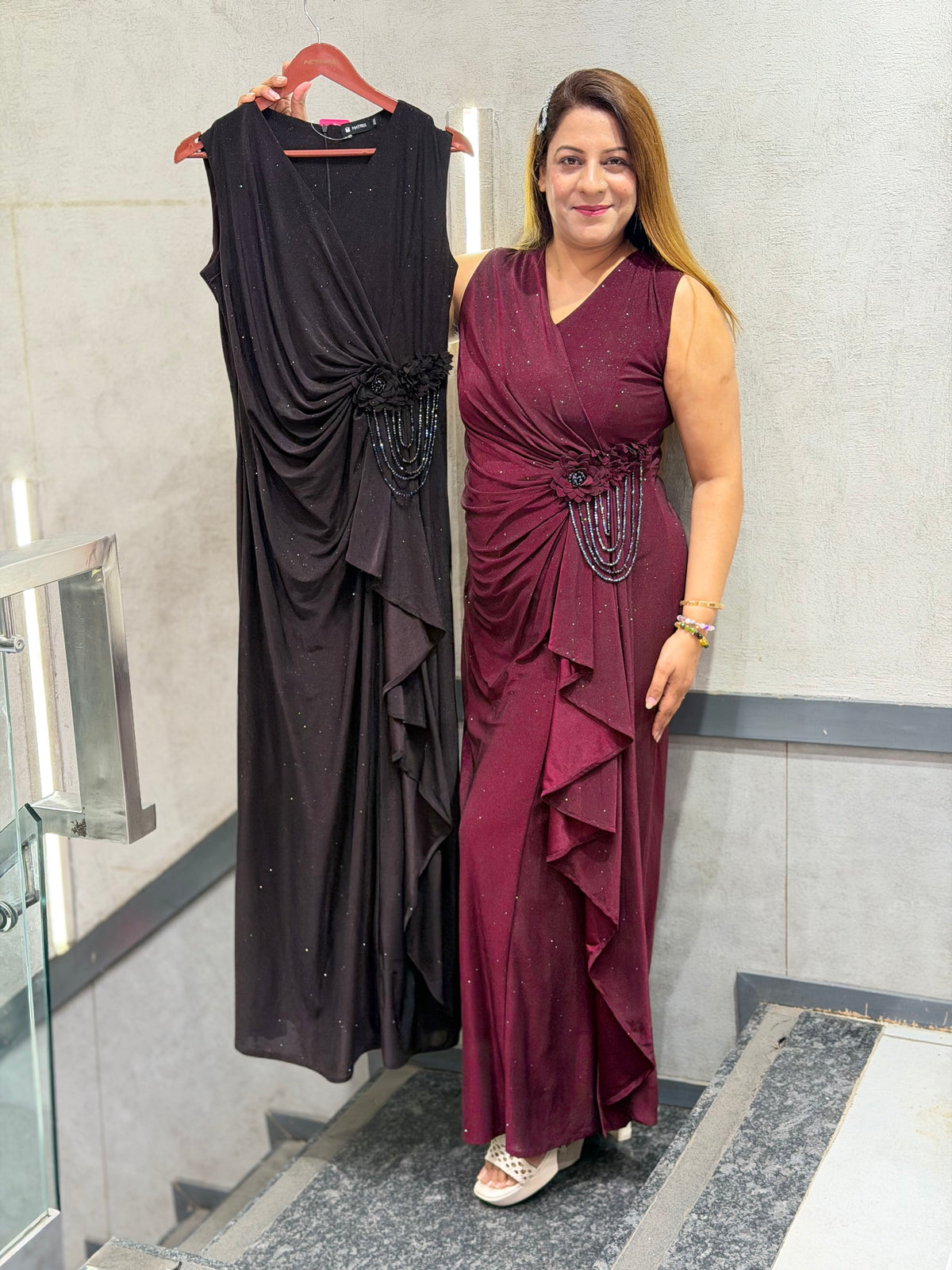 Draped Shimmer Gown with Floral Corsage & Beaded Tassels | Increase Fashion