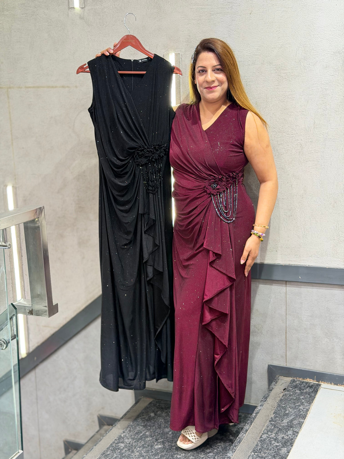 Draped Shimmer Gown with Floral Corsage & Beaded Tassels | Increase Fashion
