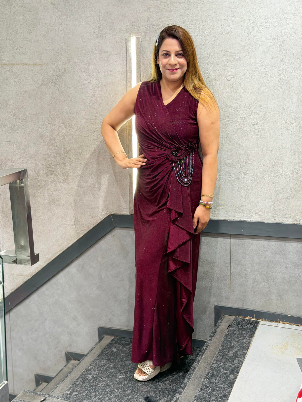 Draped Shimmer Gown with Floral Corsage & Beaded Tassels | Increase Fashion
