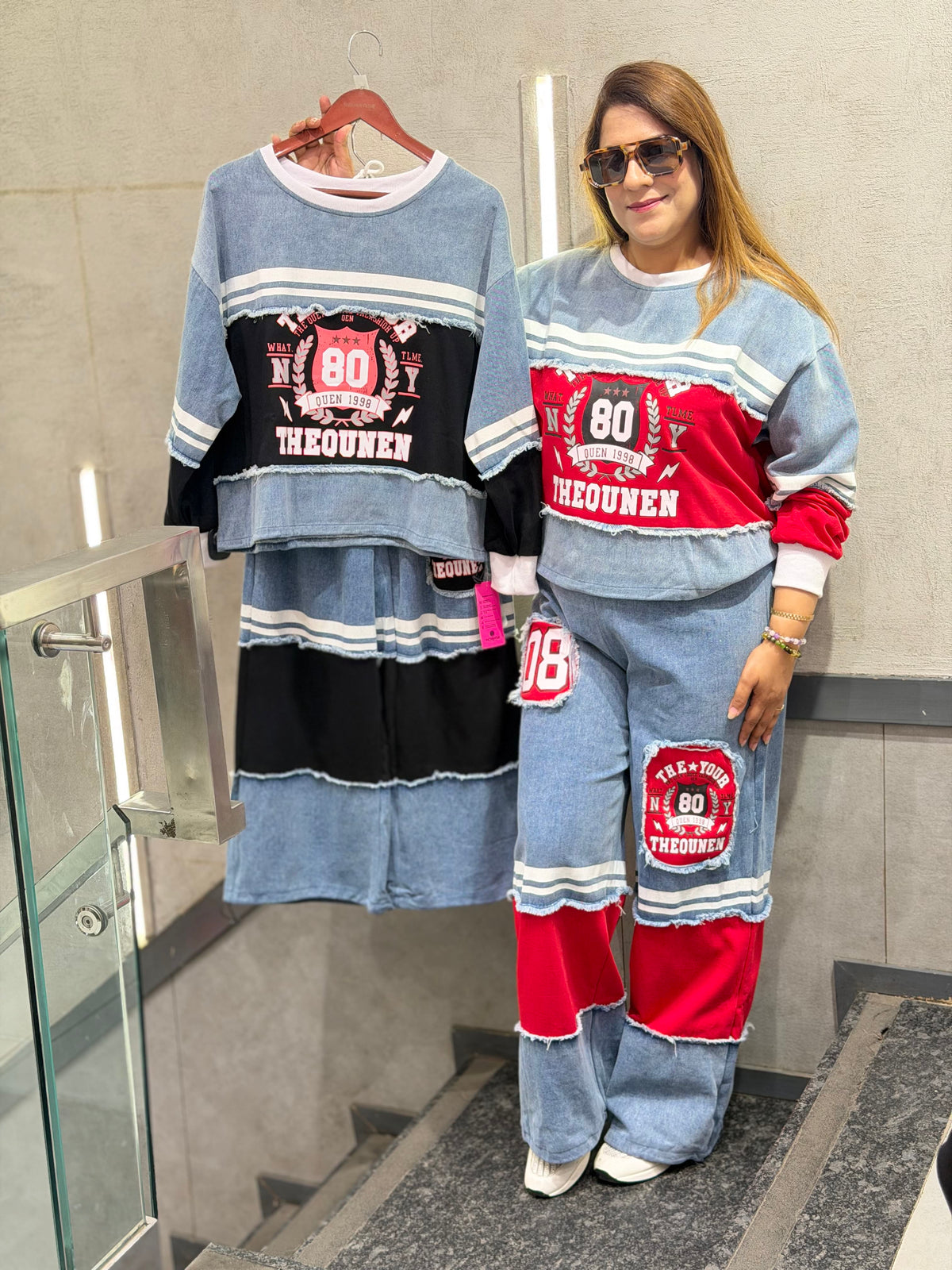 Varsity Graphic Denim Sweatshirt & Jogger Co-Ord Set – Light Blue & Red