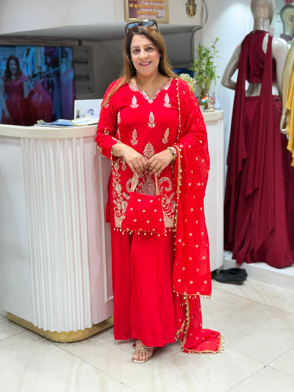 Zardozi Embroidered Short Kurti & Sharara Set with Bag | Increase Fashion