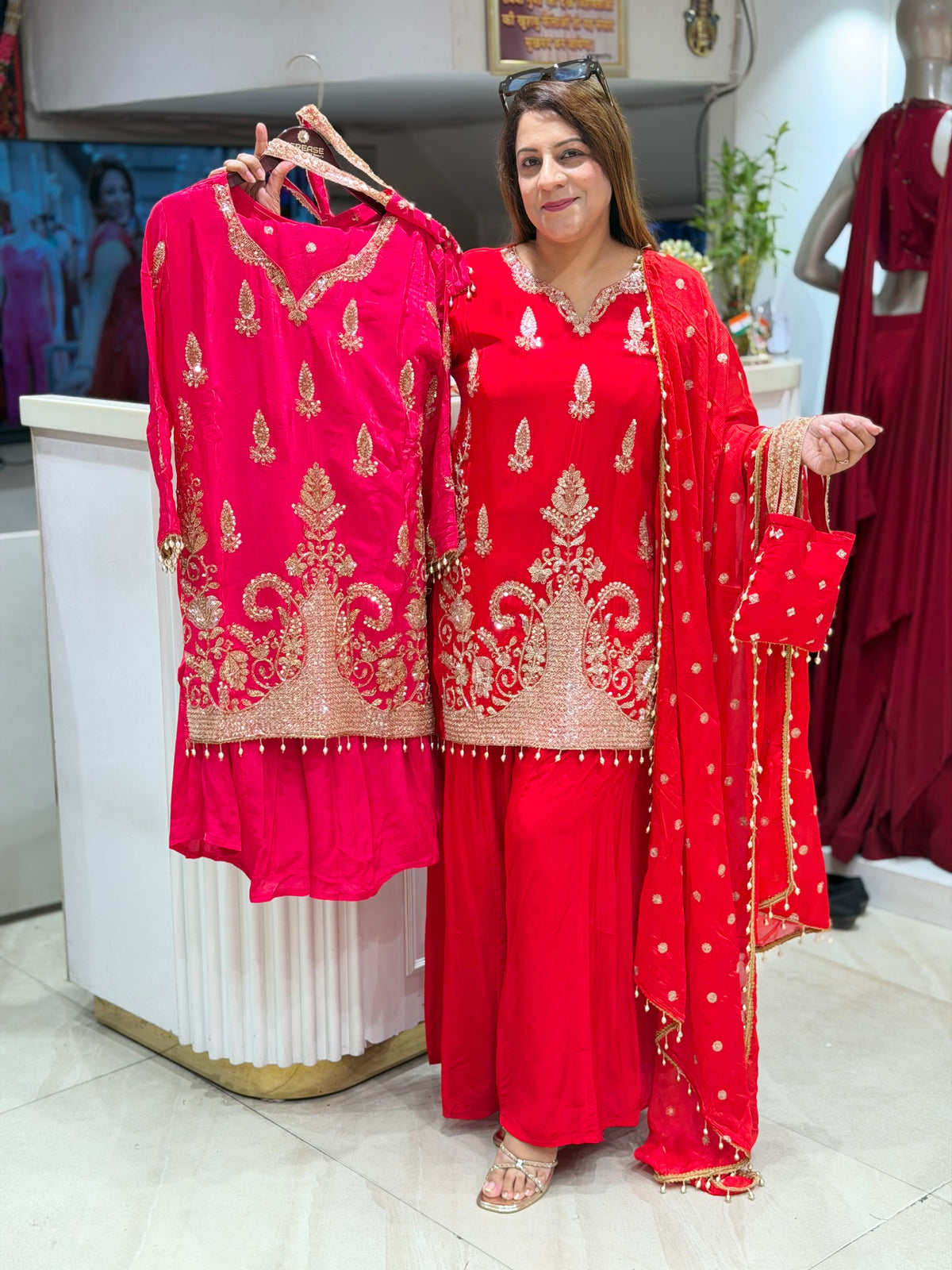 Zardozi Embroidered Short Kurti & Sharara Set with Bag | Increase Fashion
