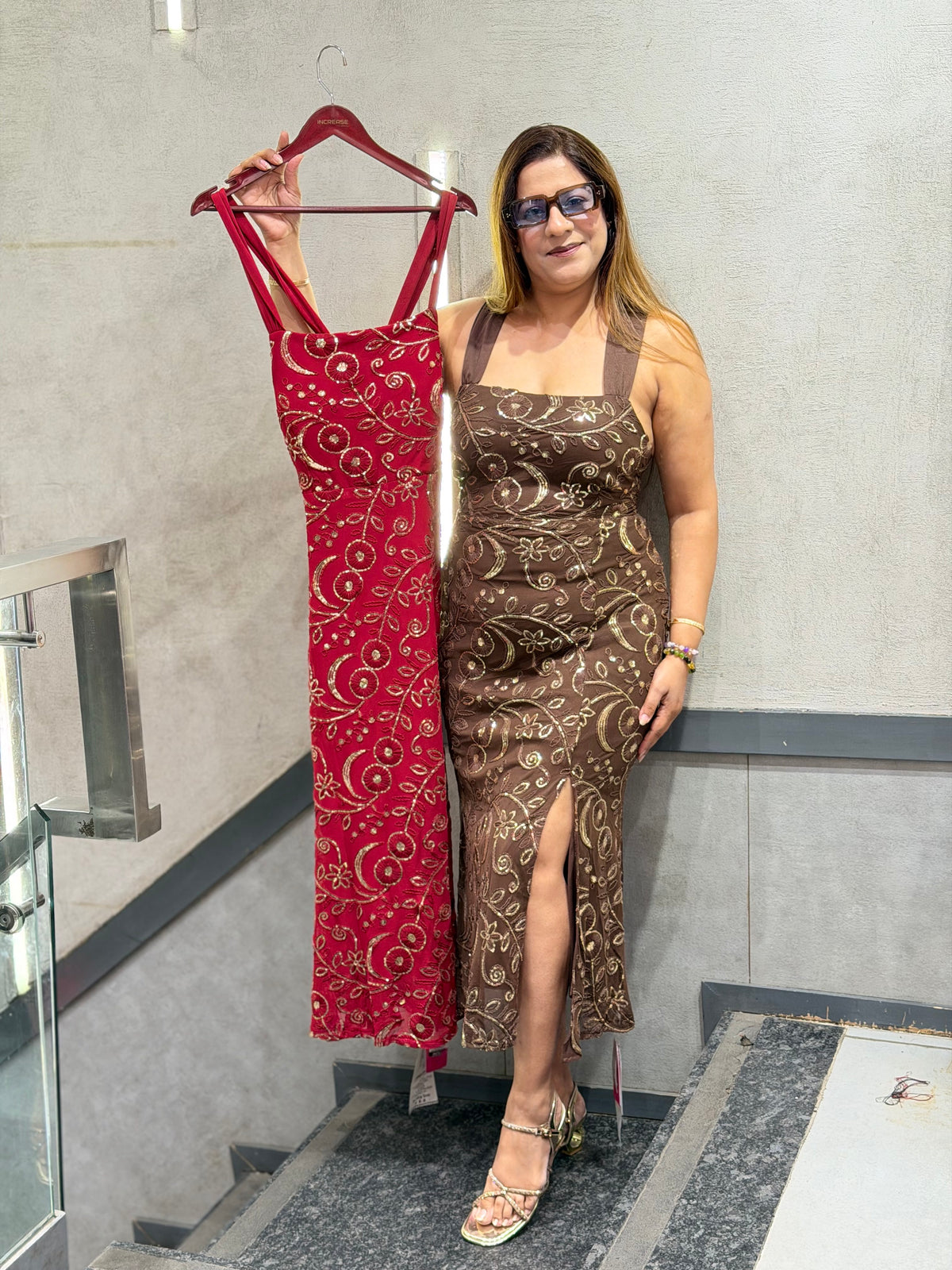 Sequin Floral Embroidered Bodycon Midi Dress – Chocolate Brown