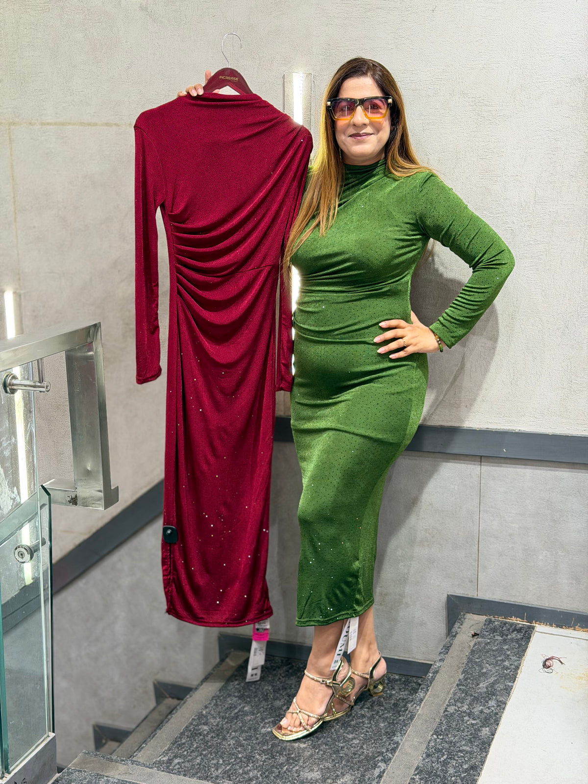 Full-Sleeve Ruched Shimmer Bodycon Midi Dress – Olive Green