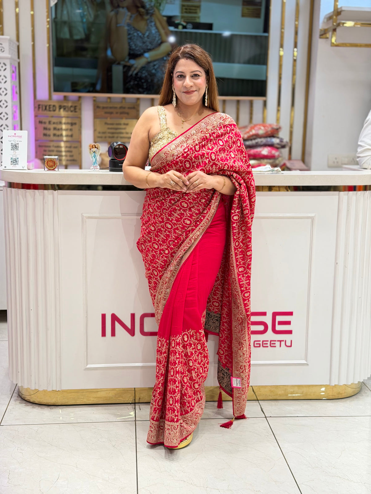 Traditional All-Over Jaal Embroidered Saree with Gold Sequined Blouse | Increase Fashion