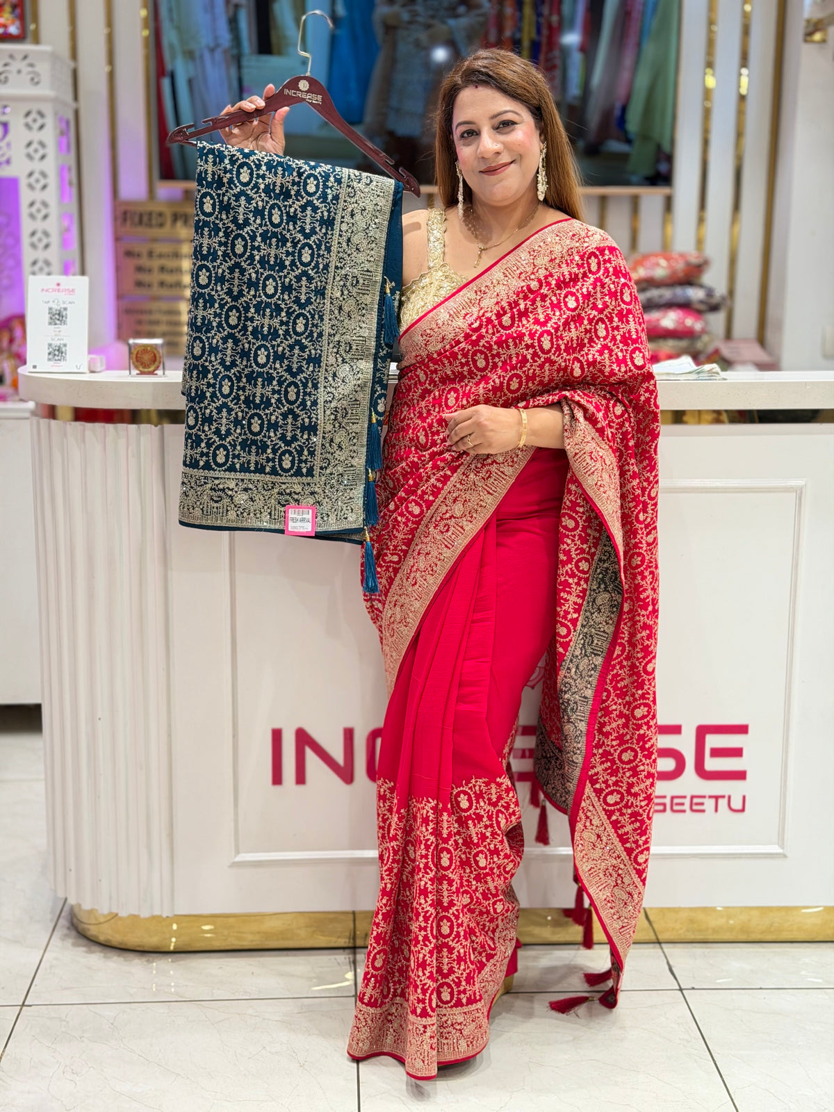 Traditional All-Over Jaal Embroidered Saree with Gold Sequined Blouse | Increase Fashion